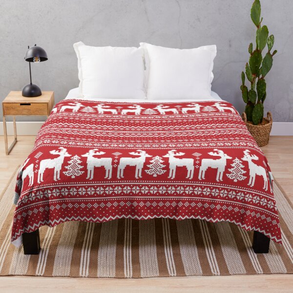 Item preview, Red Nordic Pixel Reindeer Pattern – Classic Christmas Sweater Throw Pillow designed and sold by FestivityFinds.