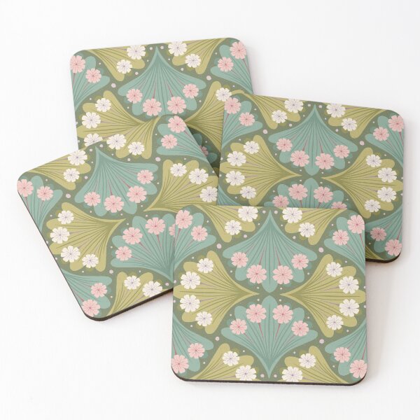 Item preview, Vintage scalloped florals in cream pink moss green and teal designed and sold by Larissa Yeung Fung.