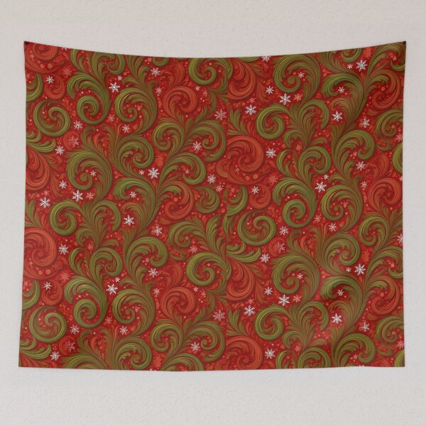 Item preview, Elegant Christmas Foliage Pattern – Red and Green Swirls with Snowflakes and Holiday Charm designed and sold by PixelVibe782.
