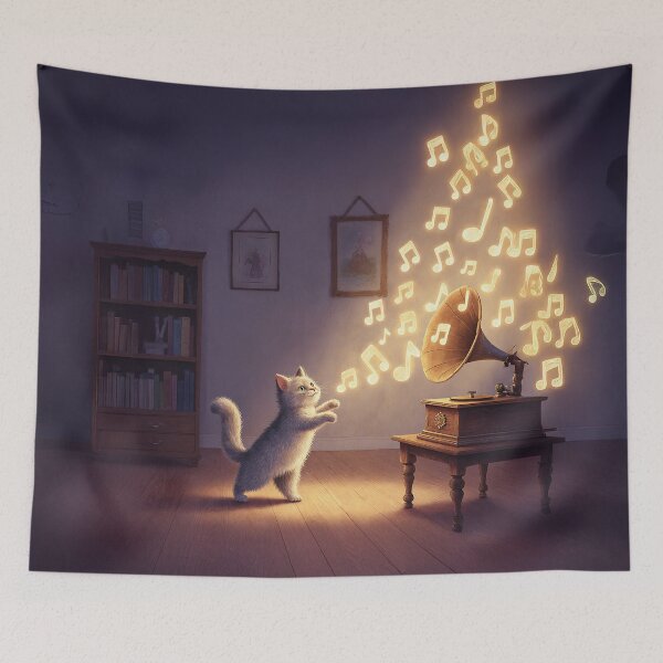 Item preview, Curious Cat and the Gramophone – Whimsical Music Magic, Cozy Home Illustration designed and sold by Whimsical Hug.
