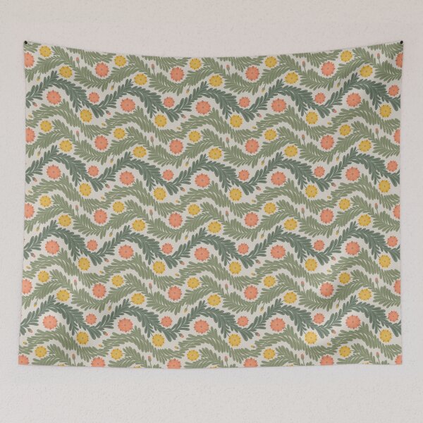 Item preview, Vintage chevron florals in saffron yellow coral orange and artichoke green designed and sold by Larissa Yeung Fung.