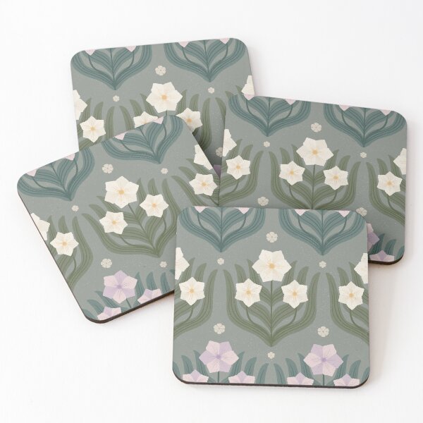 Item preview, Vintage hexagon florals in cream lavender lilac artichoke green and teal designed and sold by Larissa Yeung Fung.