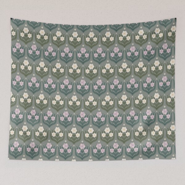 Item preview, Vintage hexagon florals in cream lavender lilac artichoke green and teal designed and sold by Larissa Yeung Fung.