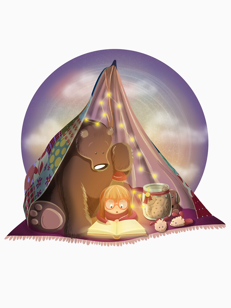 Girl reading book with cartoon bear by creaschon