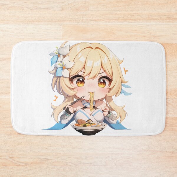 Item preview, Traveler Lumine Genshin Impact Chibi Girl Enjoying Hot Ramen Anime designed and sold by Raslbazola.