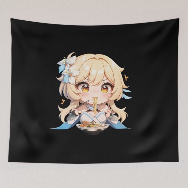 Item preview, Traveler Lumine Genshin Impact Chibi Girl Enjoying Hot Ramen Anime designed and sold by Raslbazola.