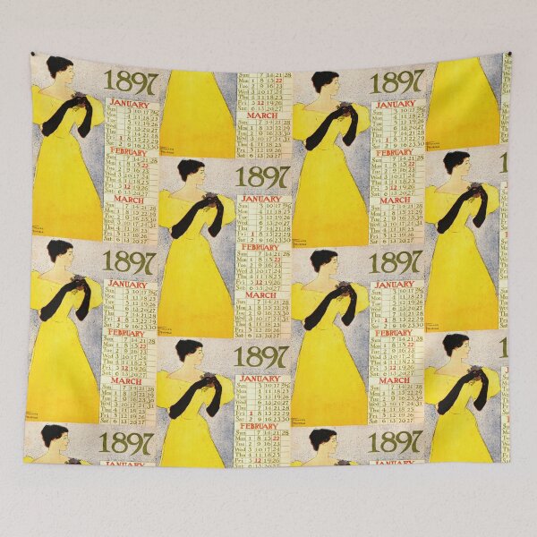 Item preview, 1897 Vintage Calendar Art | Edward Penfield Poster | Art Nouveau Woman in Yellow Dress & Flowers | Gibson Girl Era Print designed and sold by artofuniverse.