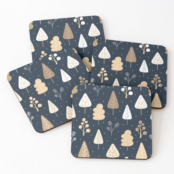 Aperçu de l'œuvre Arbres de Noël festifs d'hiver, botaniques, neige, bleu marine, blanc, beige créée et vendue par Nicola-Rowe.