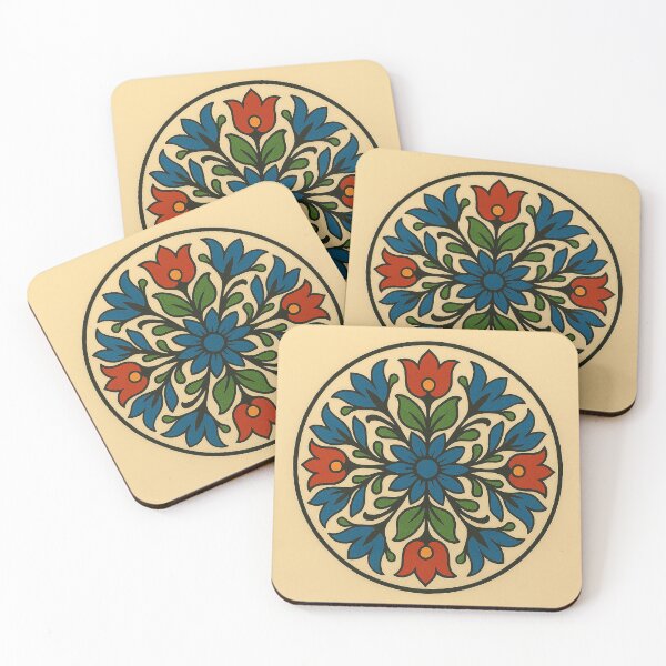 Aperçu de l'œuvre Mandala Harmonie Folklorique – Motif floral circulaire rouge, bleu et vert créée et vendue par Coreen Biech.