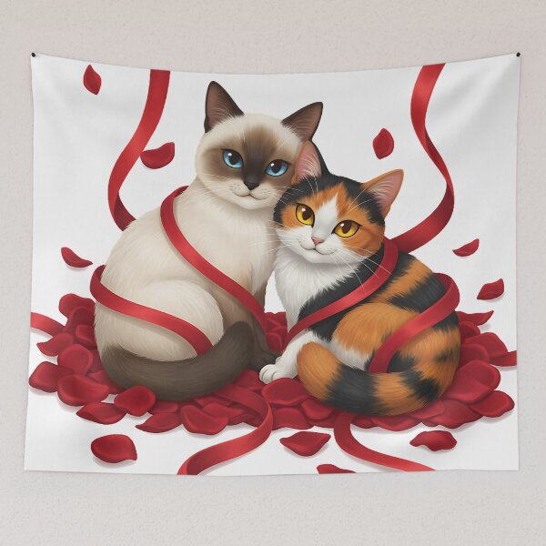 Item preview, Ribbon & Rose Chaos  ,Two hearts, one tangled mess.  Whimsical love art, romantic cats, kawaii Valentine illustration designed and sold by meesub.