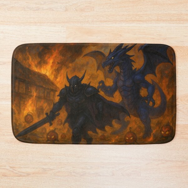 Item preview, Epic Dark Knight Facing Blue Dragon in Burning Village designed and sold by PandaTShirtShop.