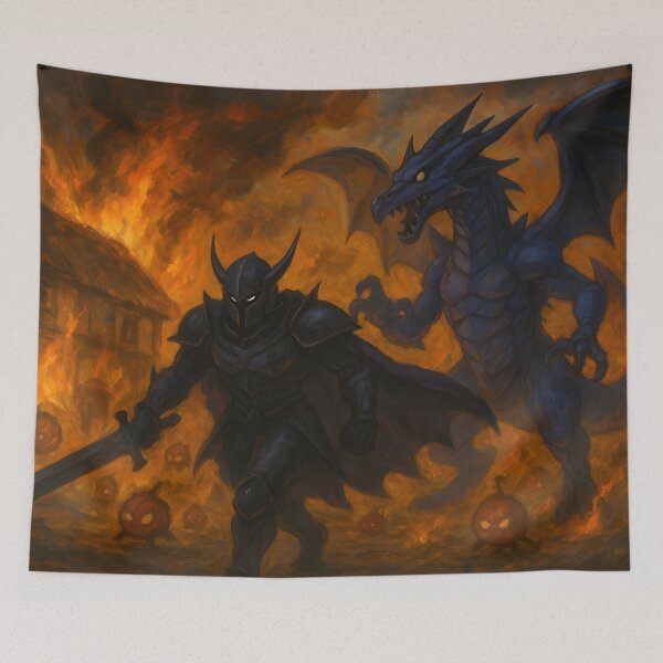 Item preview, Epic Dark Knight Facing Blue Dragon in Burning Village designed and sold by PandaTShirtShop.