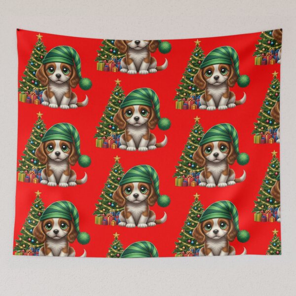 Item preview, Cute Christmas Puppy – Festive Dog in Elf Hat with Christmas Tree and Gifts designed and sold by PixelVibe782.