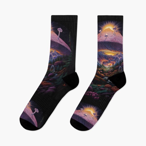 Item preview, A Psychedelic Mushroom Valley Underneath a Fiery, Cloud-Filled Portal Leading to a Distant, Otherworldly Sunrise designed and sold by Epsydon Designers.