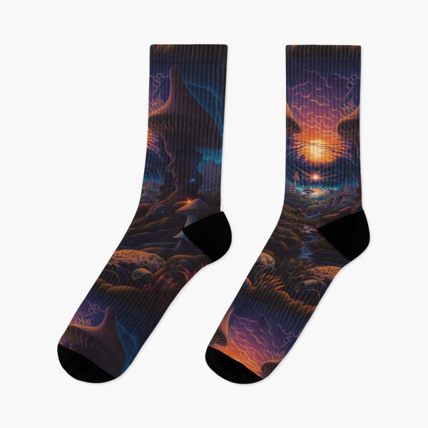 Item preview, A Psychedelic Mushroom Valley Underneath a Fiery, Cloud-Filled Portal Leading to a Distant, Otherworldly Sunrise designed and sold by Epsydon Designers.