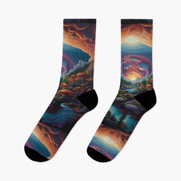 Item preview, A Psychedelic Mushroom Valley Underneath a Fiery, Cloud-Filled Portal Leading to a Distant, Otherworldly Sunrise designed and sold by Epsydon Designers.