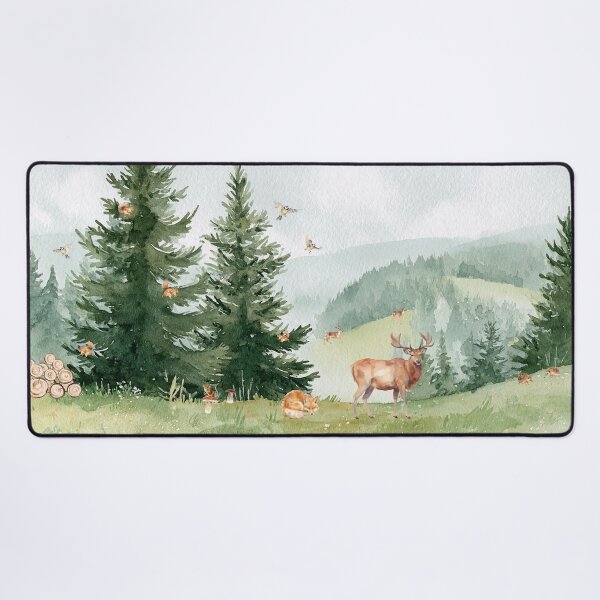 Item preview, Mountain Deer Fox Hedgehogs Birds Pines Misty Green Woodland Hills designed and sold by UtArt.