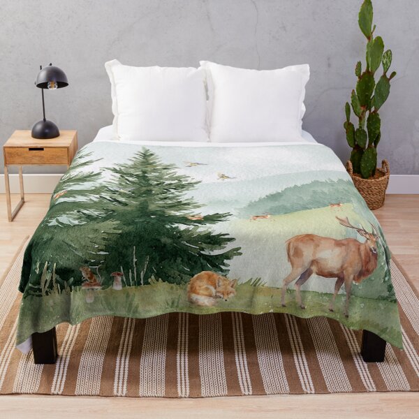 Item preview, Mountain Deer Fox Hedgehogs Birds Pines Misty Green Woodland Hills designed and sold by UtArt.