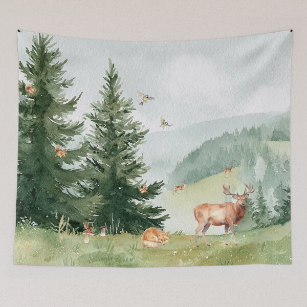 Item preview, Mountain Deer Fox Hedgehogs Birds Pines Misty Green Woodland Hills designed and sold by UtArt.