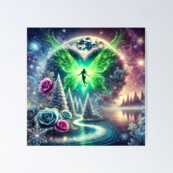 Item preview, Fairy with green wings in an enchanted winter world designed and sold by Tommandjerry.