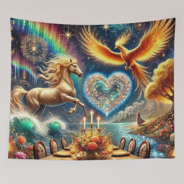Item preview, A blazing phoenix and a golden horse at a celestial banquet designed and sold by Tommandjerry.