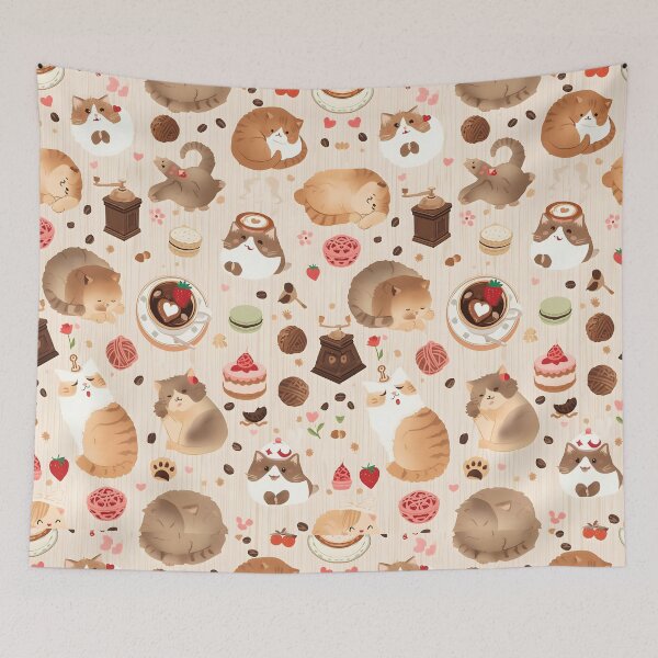 Item preview, Cute Cat and Dessert Seamless Pattern with Coffee and Macarons designed and sold by MoonlitDoodles1.