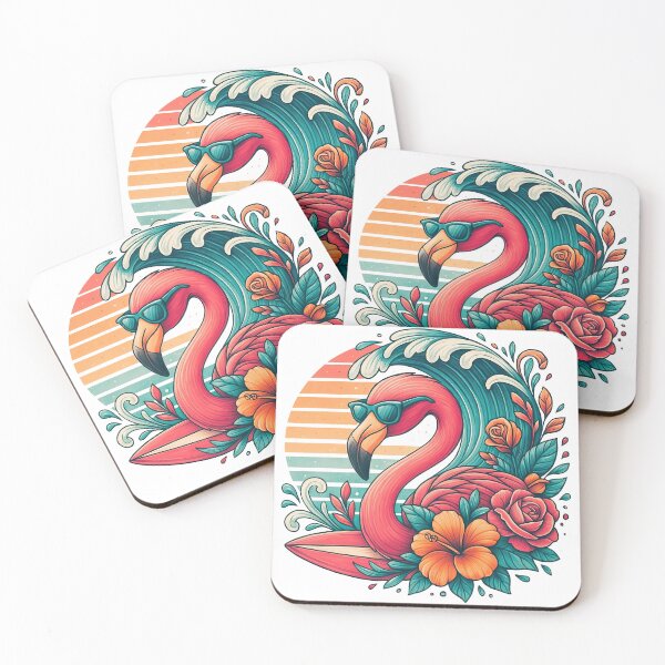 Item preview, Retro Flamingo with Surf Wave and Tropical Flowers  designed and sold by ArtfulWeave.