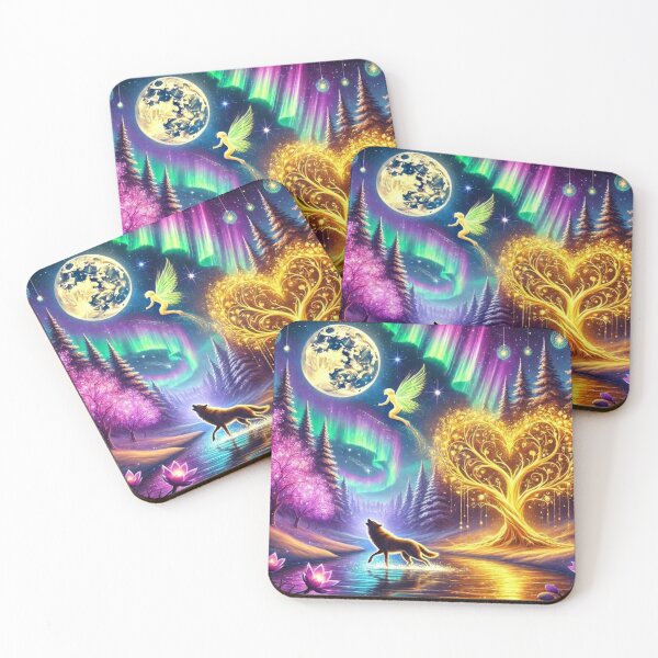 Item preview, Magical Northern Lights with a mystical wolf and a golden heart-shaped tree designed and sold by Tommandjerry.