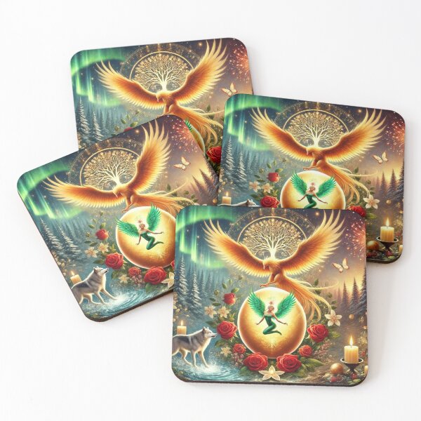 Item preview, Golden phoenix, celestial fairy, and egg of light in an enchanted forest designed and sold by Tommandjerry.