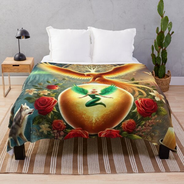 Item preview, Golden phoenix, celestial fairy, and egg of light in an enchanted forest designed and sold by Tommandjerry.