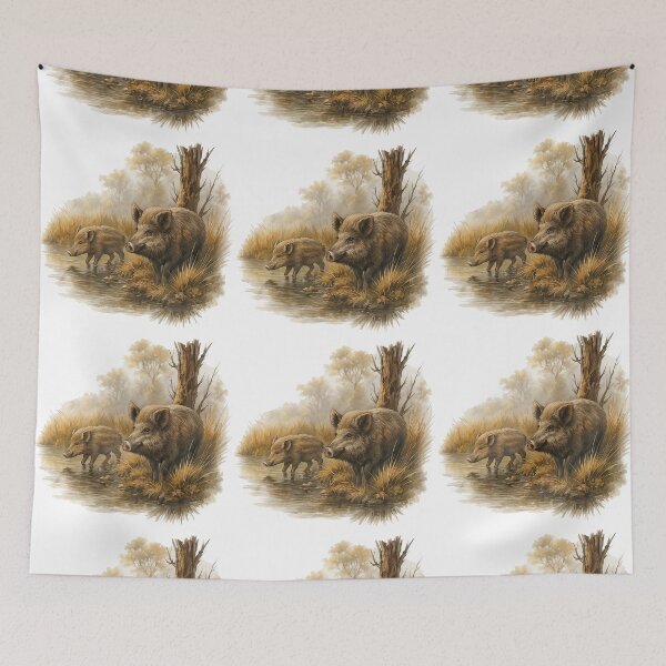 Item preview, Wild Boars in Forest Watercolor Illustration  designed and sold by ArtfulWeave.