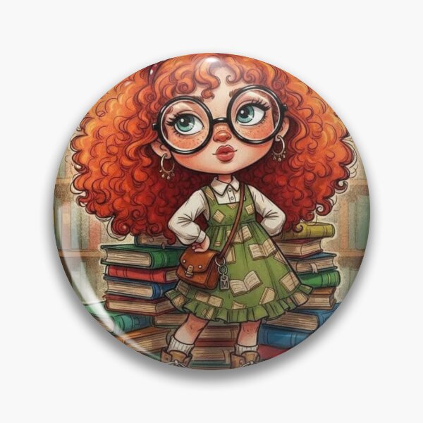 Item preview, Cute redheaded bookworm girl illustration in a cozy library, cartoon art designed and sold by Pixel Pout.