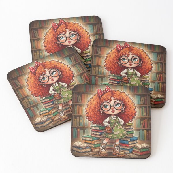 Item preview, Cute redheaded bookworm girl illustration in a cozy library, cartoon art designed and sold by Pixel Pout.