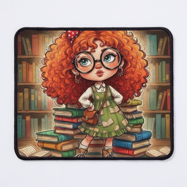 Item preview, Cute redheaded bookworm girl illustration in a cozy library, cartoon art designed and sold by Pixel Pout.