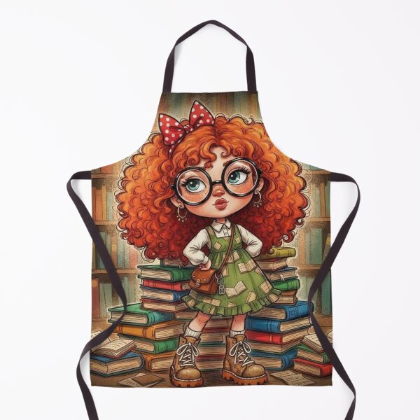 Item preview, Cute redheaded bookworm girl illustration in a cozy library, cartoon art designed and sold by Pixel Pout.