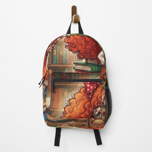 Item preview, Cute redheaded bookworm girl illustration in a cozy library, cartoon art designed and sold by Pixel Pout.