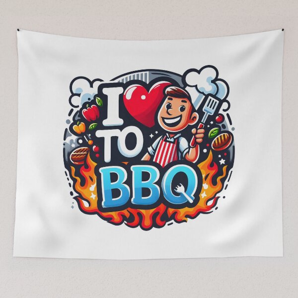 Item preview, I Love to BBQ Cartoon Design with Grilling Chef and Flames. designed and sold by The-T-In-Retro.