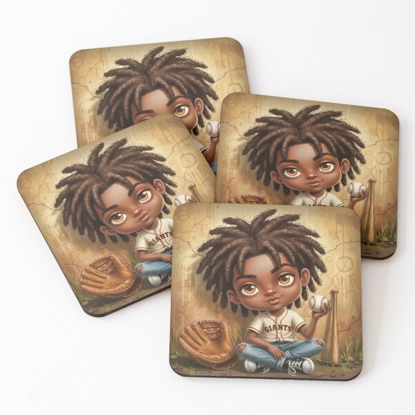 Item preview, Cute little baseball player cartoon with dreadlocks holding ball, sitting with glove and bat designed and sold by Pixel Pout.