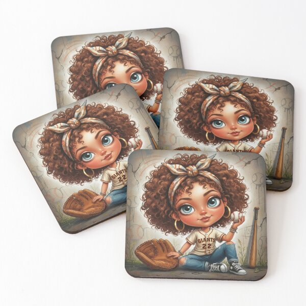 Item preview, Cute baseball girl cartoon with curly hair holding ball, Giants jersey and bat designed and sold by Pixel Pout.