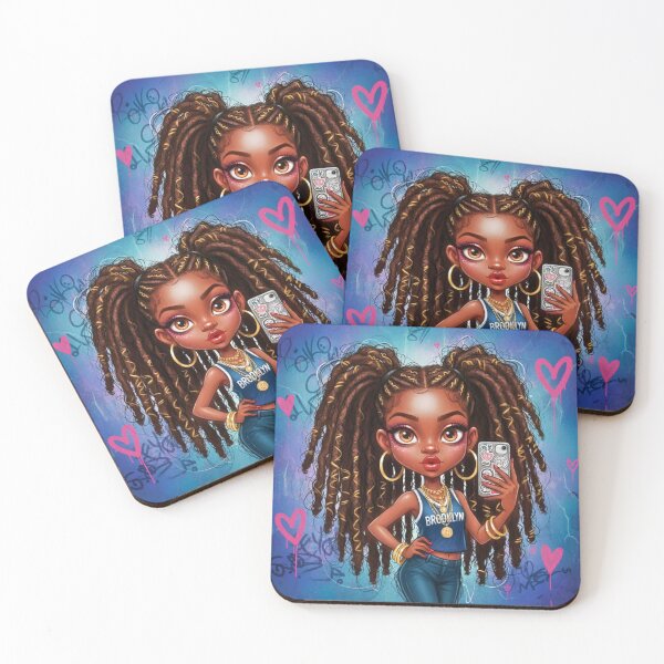 Item preview, Trendy Brooklyn girl cartoon with long braids taking a selfie, street art background designed and sold by Pixel Pout.