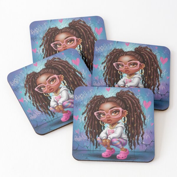 Item preview, Trendy cartoon girl with long braids, pink glasses and Crocs, street art background designed and sold by Pixel Pout.
