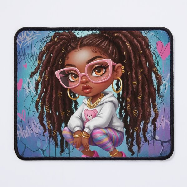 Item preview, Trendy cartoon girl with long braids, pink glasses and Crocs, street art background designed and sold by Pixel Pout.