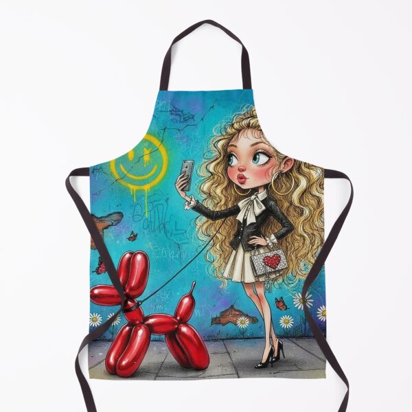Item preview, Fashion girl walking a red balloon dog, taking a selfie against blue graffiti wall designed and sold by Pixel Pout.