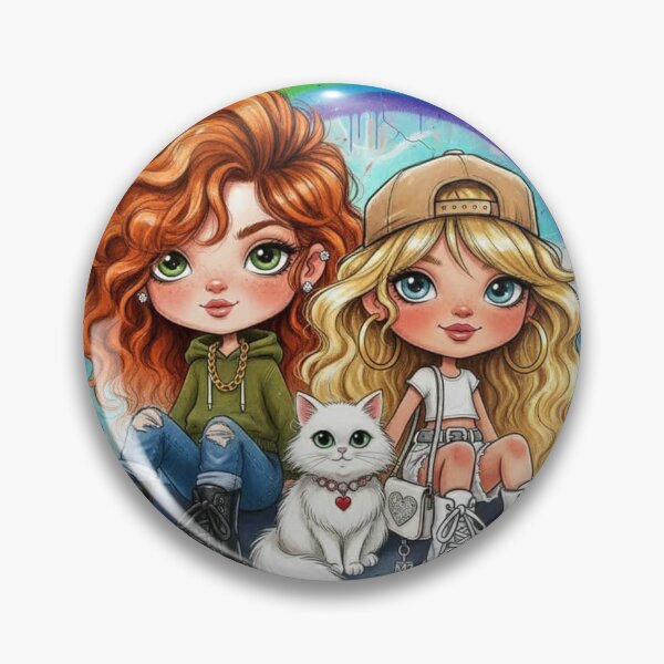 Item preview, Best friends cartoon with rainbow wall and white cat, cute girls in streetwear designed and sold by Pixel Pout.