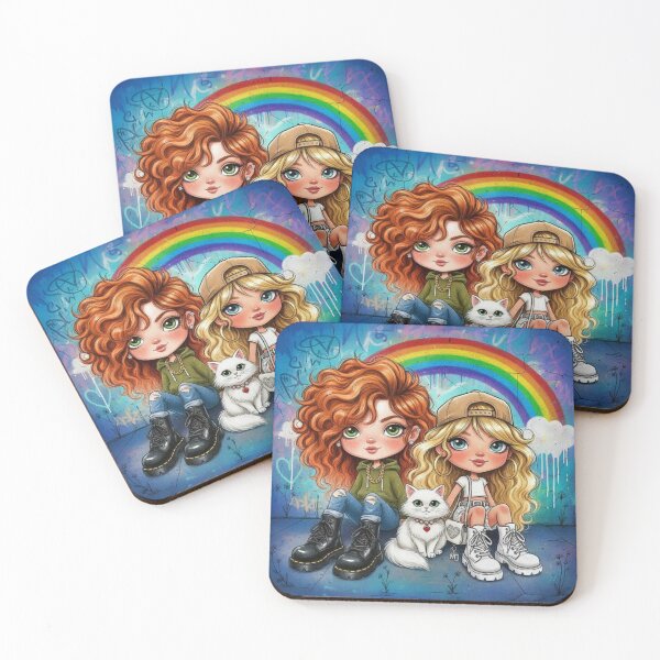 Item preview, Best friends cartoon with rainbow wall and white cat, cute girls in streetwear designed and sold by Pixel Pout.