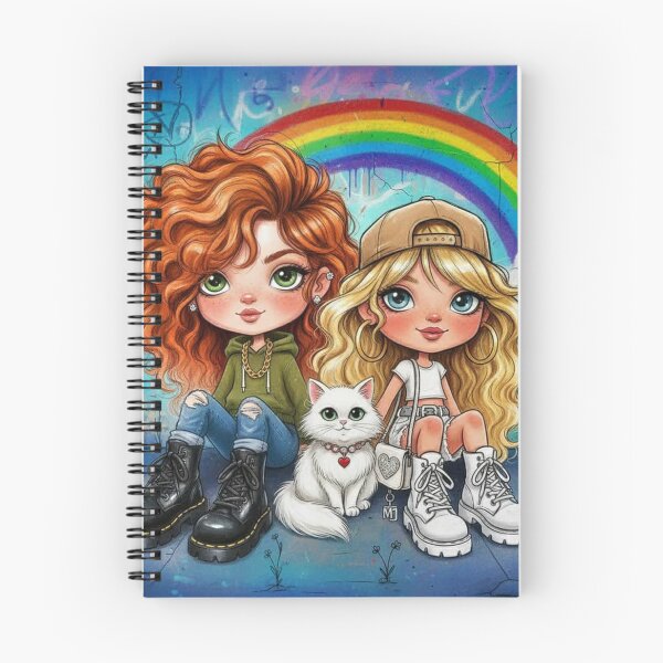 Item preview, Best friends cartoon with rainbow wall and white cat, cute girls in streetwear designed and sold by Pixel Pout.