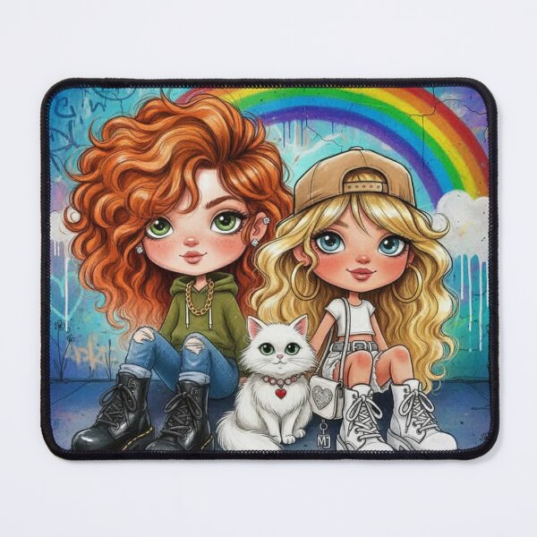 Item preview, Best friends cartoon with rainbow wall and white cat, cute girls in streetwear designed and sold by Pixel Pout.