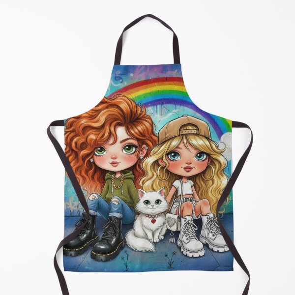 Item preview, Best friends cartoon with rainbow wall and white cat, cute girls in streetwear designed and sold by Pixel Pout.