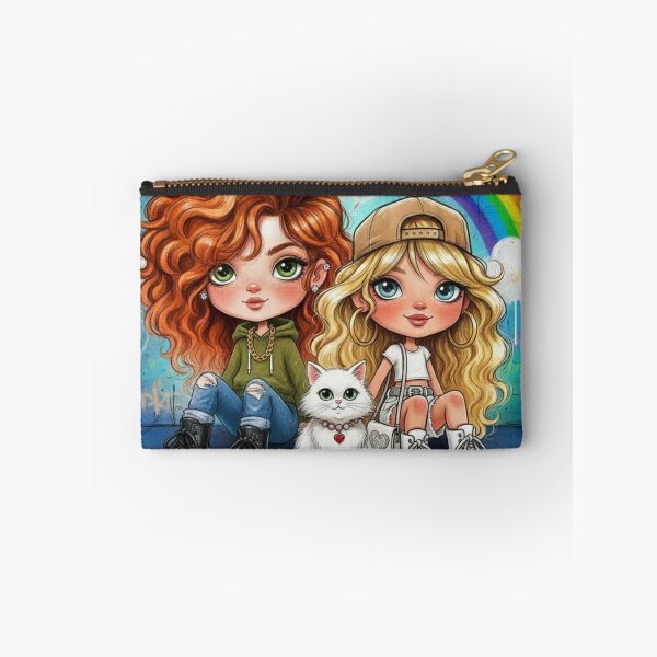 Item preview, Best friends cartoon with rainbow wall and white cat, cute girls in streetwear designed and sold by Pixel Pout.