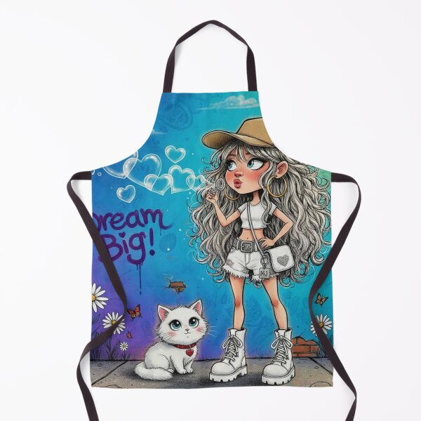 Item preview, Cute cartoon girl blowing heart bubbles with “Dream Big” graffiti and white cat, street art illustration designed and sold by Pixel Pout.